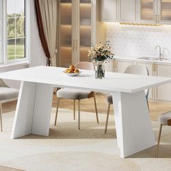 HL0211 White Dining Table, 63" Modern Kitchen Table with Glossy Tabletop and Double Robust Pedestal, Large Rectangle Wooden Eating Furniture for Dinin