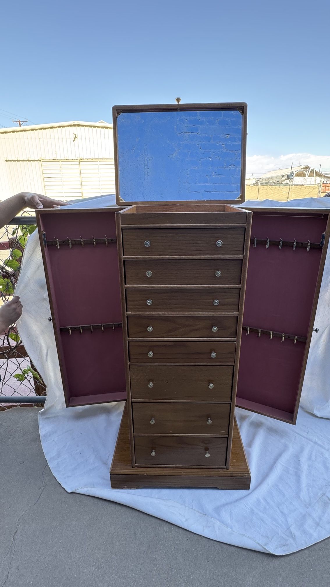 Vintage Mahogany Jewelry Armoire – Hidden Storage, Mirrored Top, Elegant Design