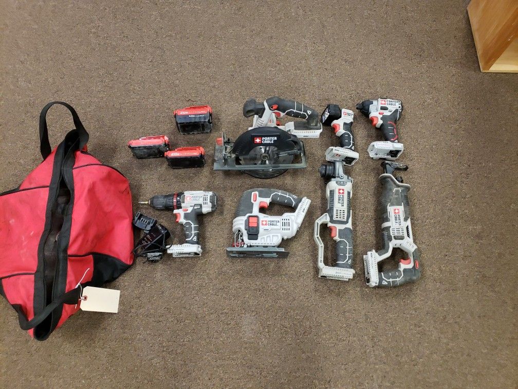Porter Cable 7 Piece Tool Kit 20 Volt Sawzall Drill Impact Jigsaw