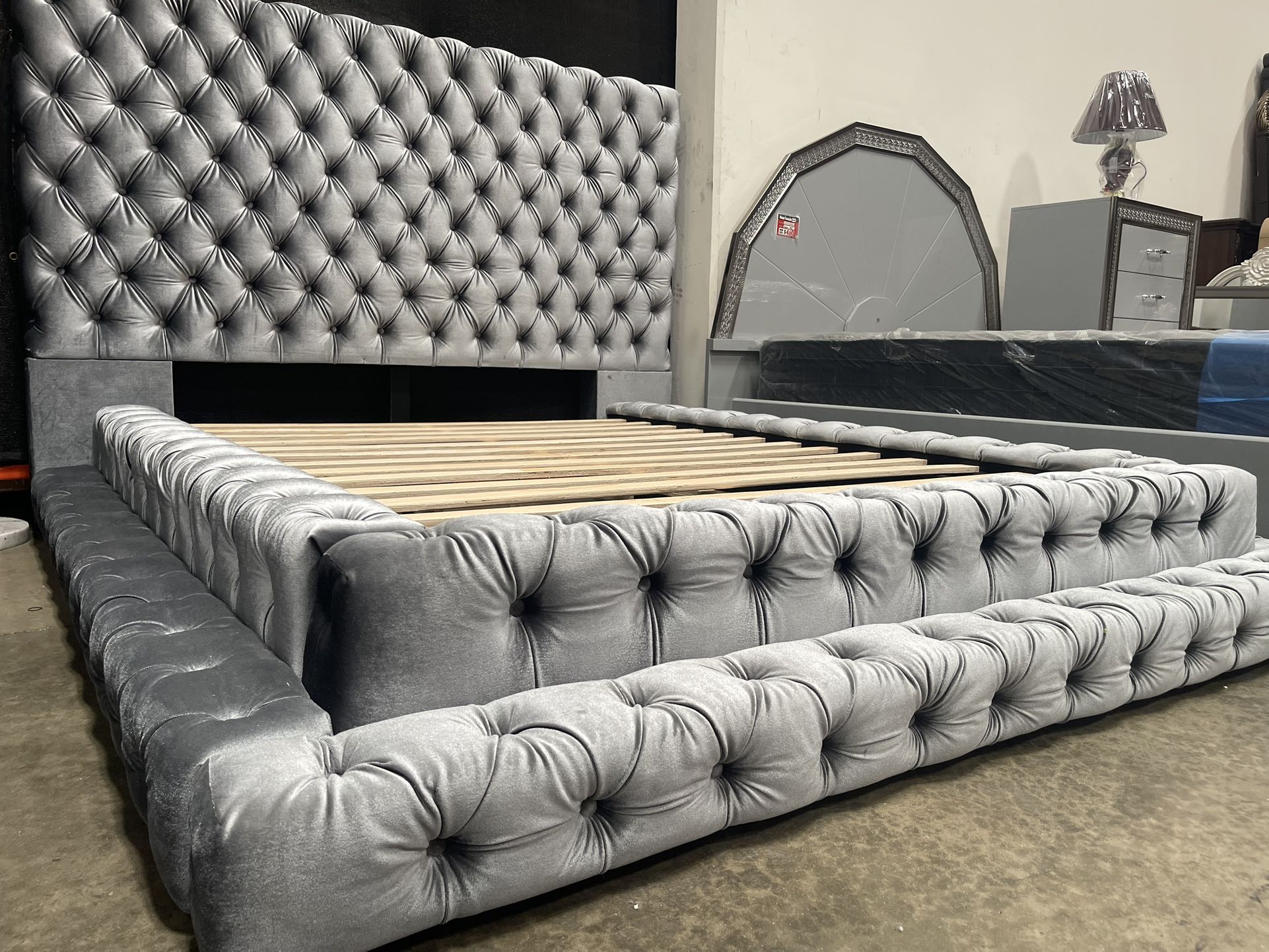 Grey King Size Bed • Step up Platform Bed • Button...