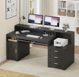 65'' Home Office Desk with Power Outlets, Storage Cabinet and Printer Stand, Study Writing Desks with Long Monitor Stand, Black