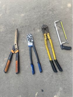 1. Fiskars hedge shears 2. Kobalt bolt cutter (looks new with the tag still on) 3. Heavy-duty bolt cutter (older, well-used) 4. Mini hacksaw