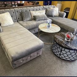 New In The Box 📦 Grey Velvet Living Room Sectional - Delivery And Financing Available 