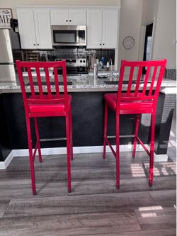 Red leather and steel high back barstools