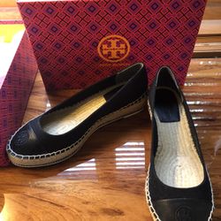 New Tory Burch Black Color Block Espadrille Wedge