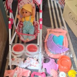Baby Doll With Stoller And Accessories