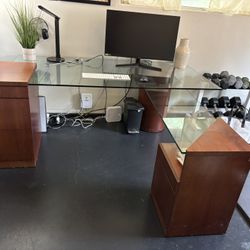 Two-Tiered Glass Desk With Drawer Storage