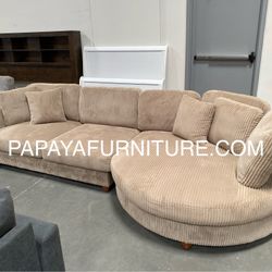 125” Deep Seating Comfortable Couch, Sectional, Large Sectional, Corduroy Sectional, Camel Beige Sectional, Brown Sectional With Round Chaise, Sofa