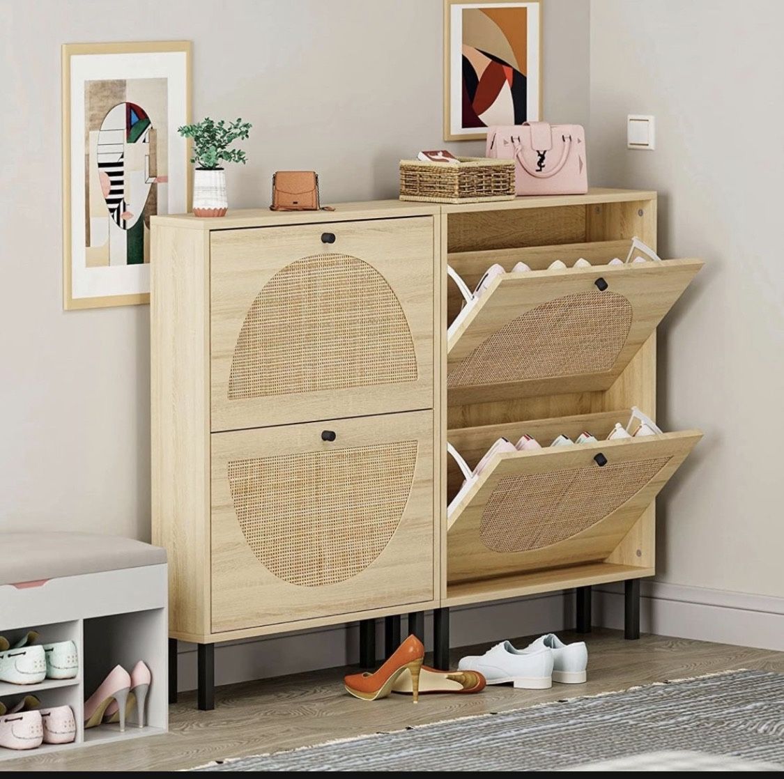 Set Of 2 - Natural Rattan 2-Drawer Shoe Cabinets [NEW]  **Assembly Req