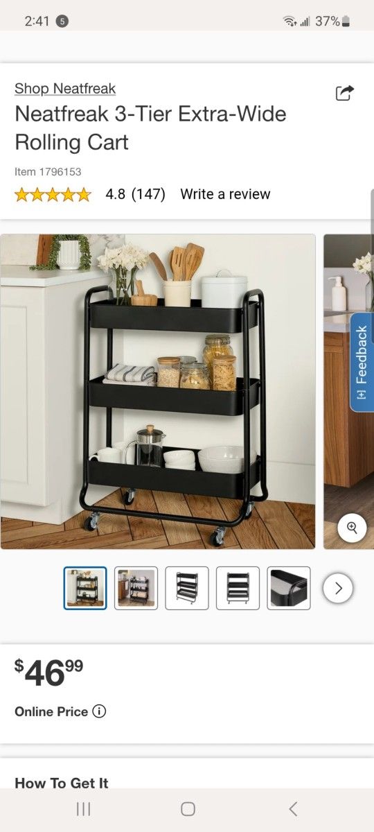 Neatfreak 3 Tiered Extra Wide Black Rolling Utility Cart - Like New