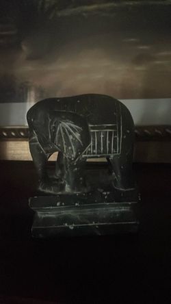 Mid 20th Century Heavy Solid Carved Stone Elephant Sculpture Etched Designs