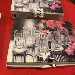 Open Box, New Unused, Clear Pressed Glass Tea  Glasses With The Red Design, Small Mug Six Pieces Diamond Fire