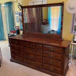 Vintage Brown  Wood Long Dresser With A Mirror & Chest