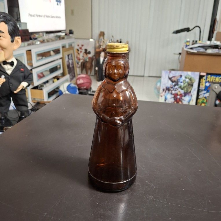 Vintage Mid 20th Century Amber Bottle With Original Cap, Kitchen Decor- Collectible 8.25" Tall