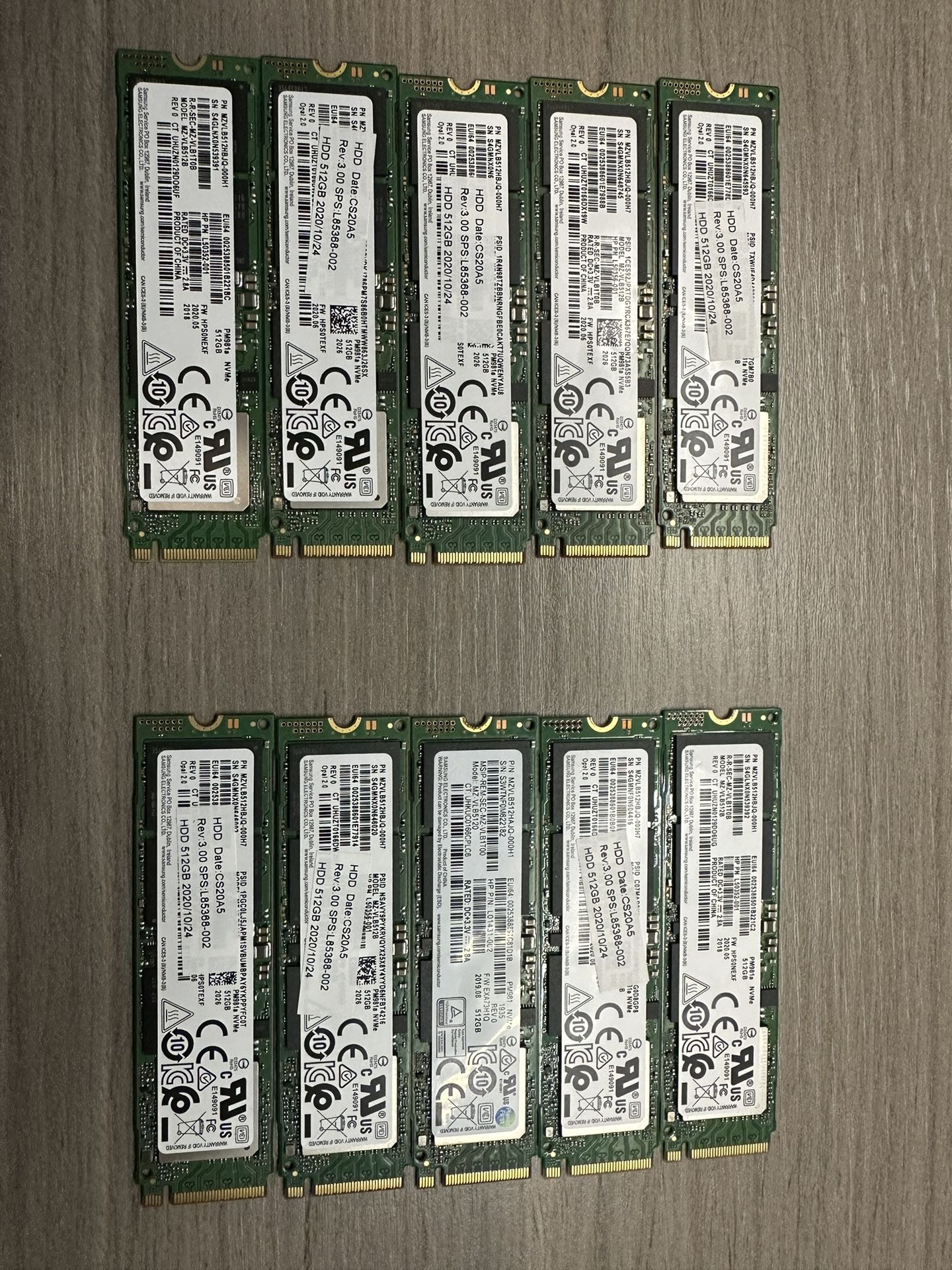 Lot Of 10 HP OEM Samsung NVMe M.2 512GB SSD PN#MZVLB512B