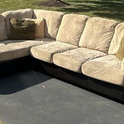 Cream Sectional Couch Set With Black Leather Exterior 
