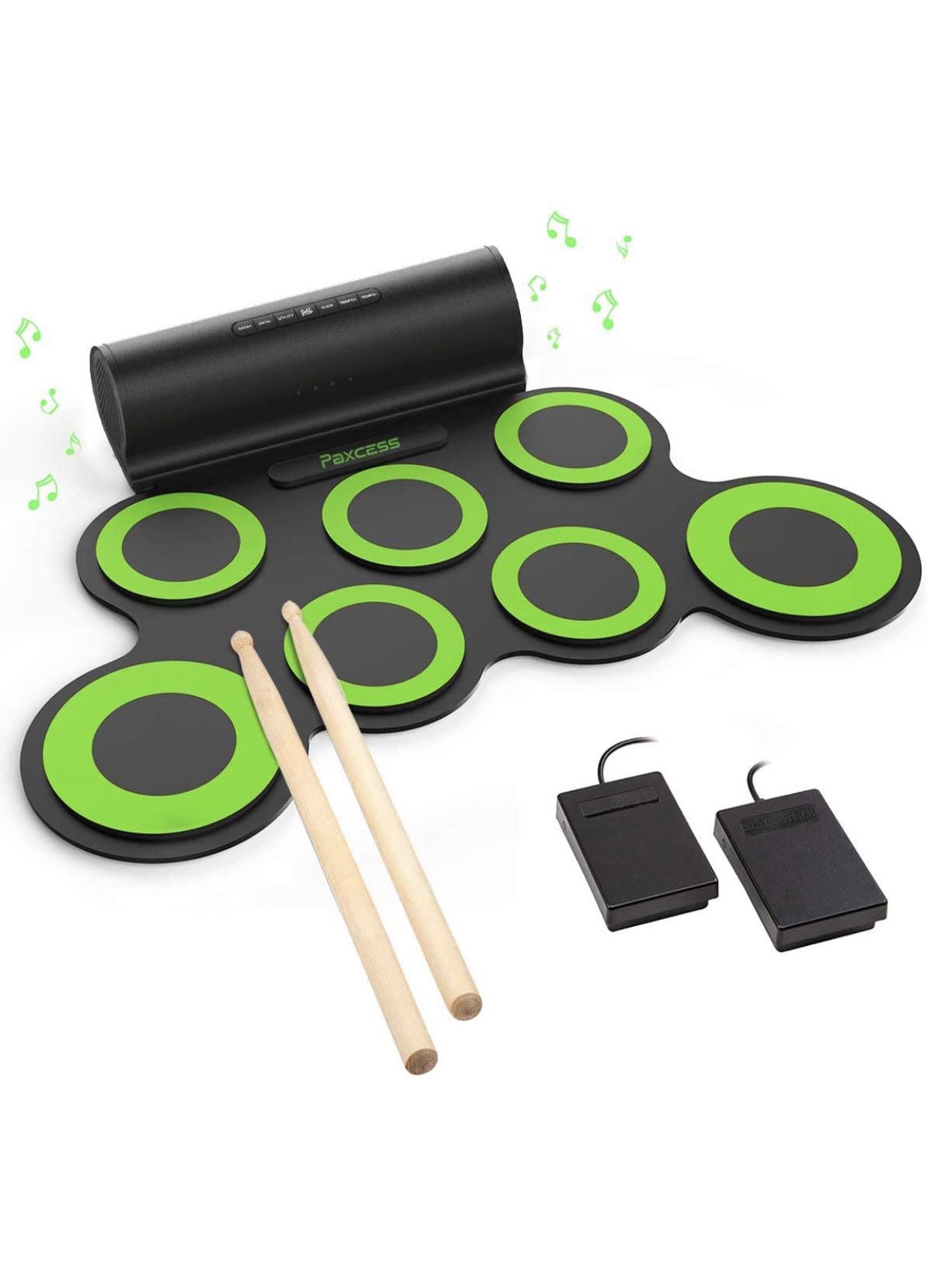 Electronic Drum Set, Roll Up Drum Practice Pad Midi Drum Kit with Headphone Jack Built-in Speaker Drum Pedals Drum Sticks 10 Hours Playtime
