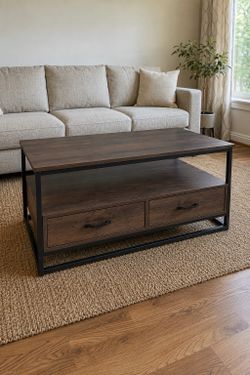 Industrial Coffee Table with Storage Shelf and 2 Drawers