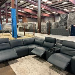 Power Recliner Dark Blue Leather Sectional. Delivery Available. Scratch & Dent 