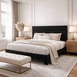 King Bed Size Platform Bed Frame with Velvet Upholstered Headboard and Wooden Slats Support, Fully Upholstered Mattress Foundation/No Box Spring N