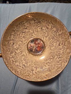 Vintage 1940s/50s Empire Ware England Gold Chintz Pedestal Bowl / Classical Scene Centerpiece