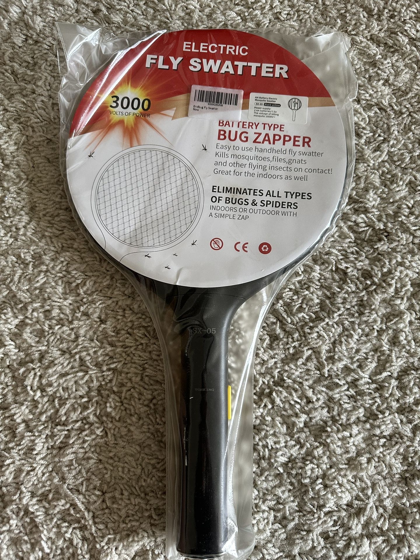Electric Fly Swatter Racket, Hangable Mosquito Zapper, 3000V Handheld Bug Zapper Racket, Fly Zapper for Indoor & Outdoor (SX-05)