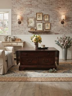Gorgeous Farmhouse Style Stanley Dark Cherry Coffee Table with Drop Leaves & Storage - Solid Wood!