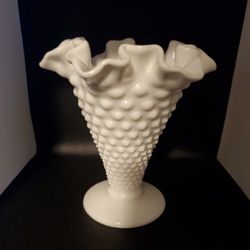 Fenton Vintage Hobnail Ruffled White Milk Glass Vase