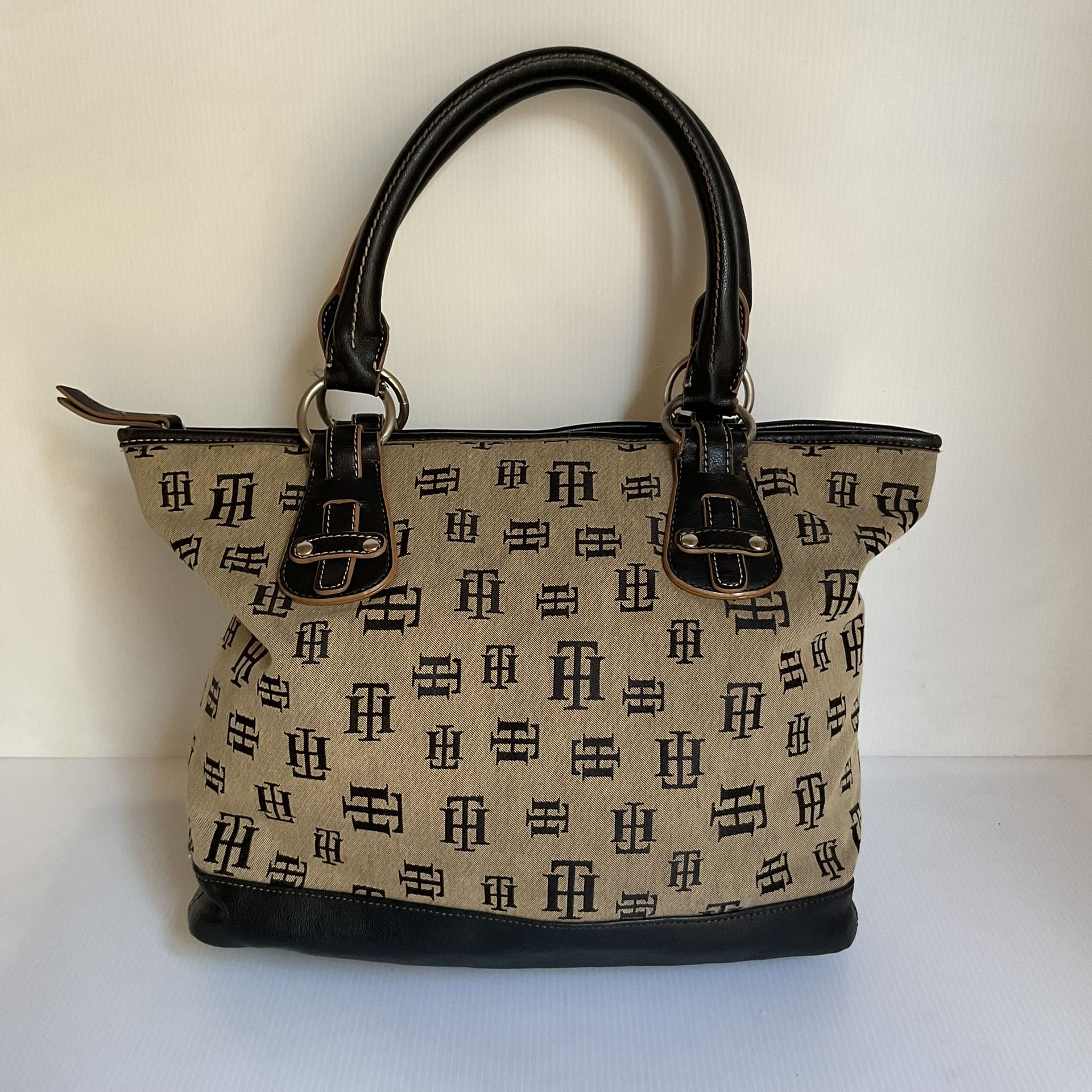 Tommy Hilfiger Vintage Monogram Tote Bag Black Beige Y2k Retro Designer