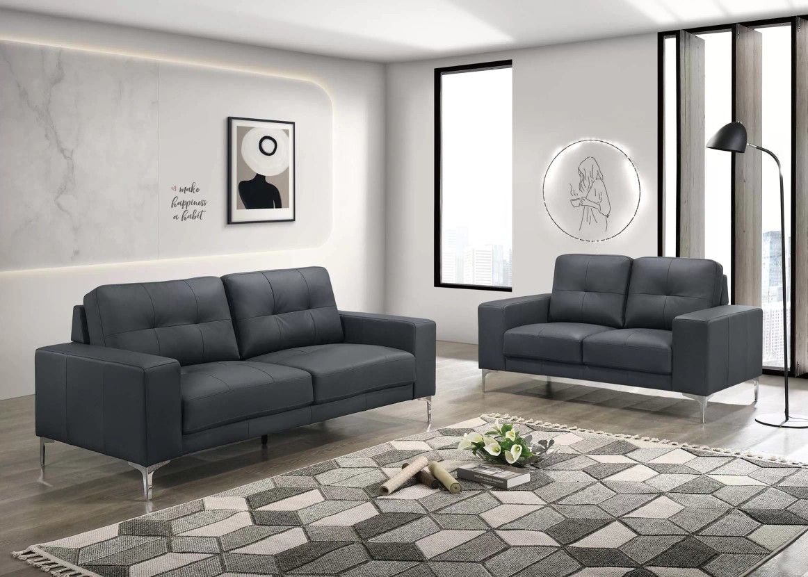 Brand New Black Leather Modern Style Sofa & Loveseat