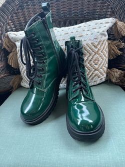 Women’s Dark Green Patent Shiny Combat Style Boots