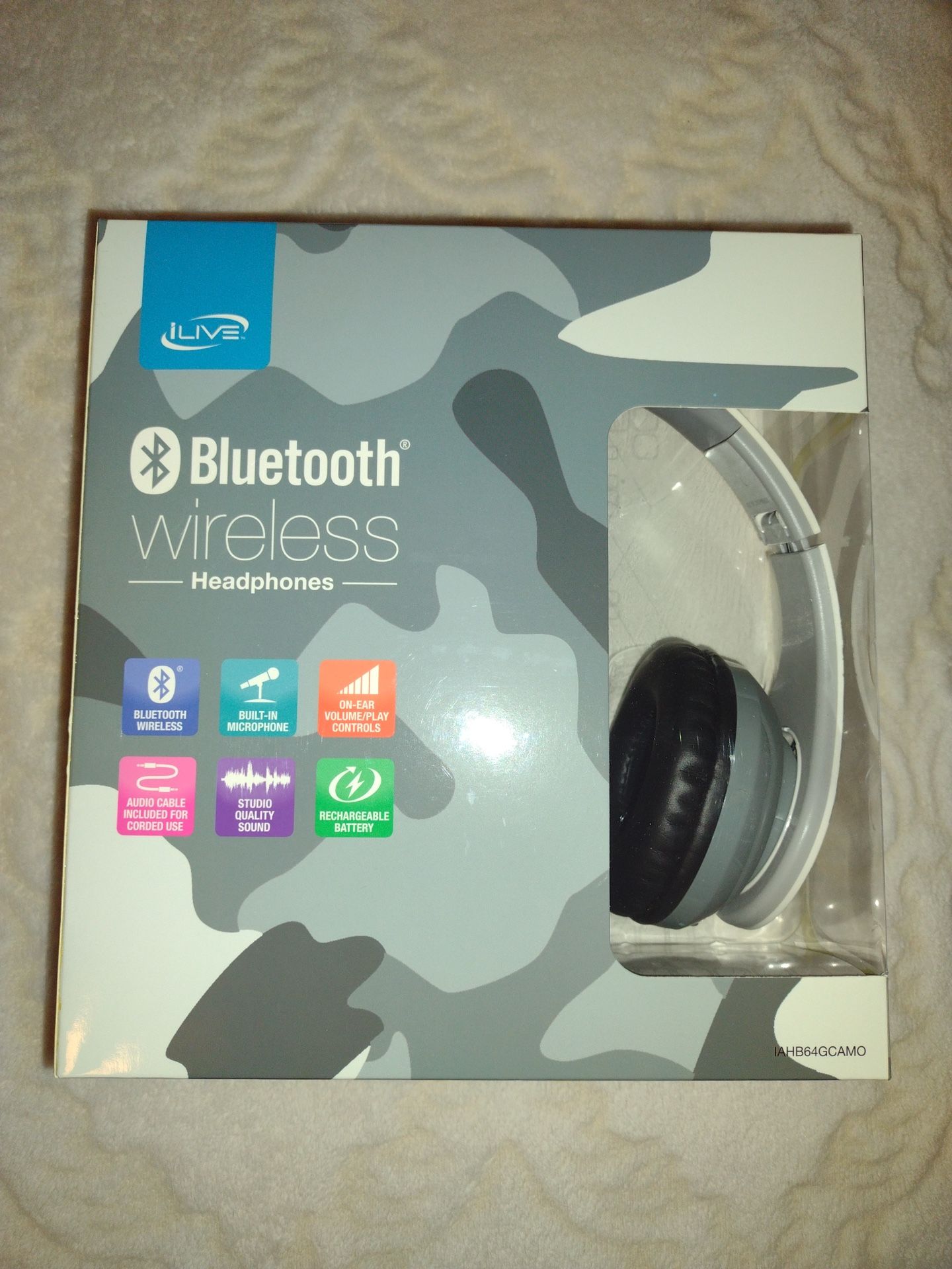 iLive IAHB64B Bluetooth Stereo Headphones Gray Camo