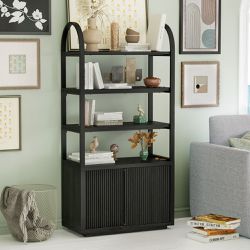 Beautiful Fluted 3-Shelf Bookcase with Storage Cabinet by Drew Barrymore, Rich Black Finish