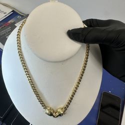 14K Y/G Cuban Link With Two Panther Finishing Pendants 