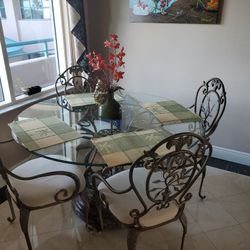 Sturdy Glass Iron and Marble Table 4 Chairs