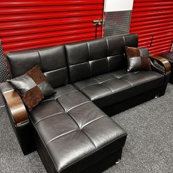 Black Bonded Leather Modern Convertible Sectional Sofa