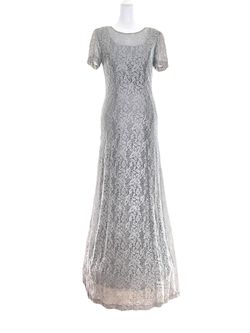 Alex Evenings Sequin Rosette Lace A-Line Gown Dress Short Sleeve Dove Silver Size 6