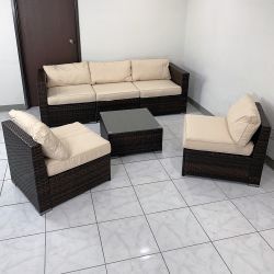 $395 (New) 6pcs patio furniture set outdoor sectional set wicker rattan sofa chair set w/ cushion, glass table