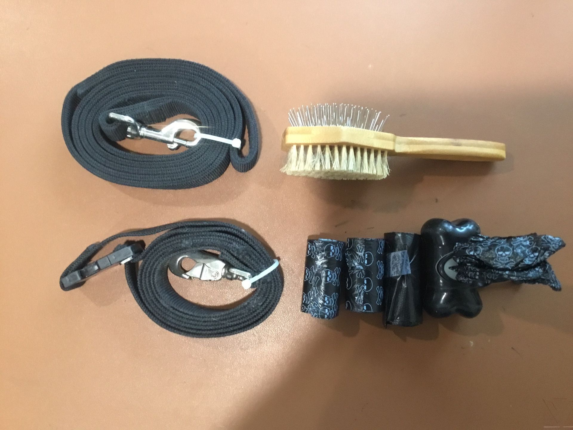 Dog Bundle - 2 Leashes, One Brush And Poop Bag Holder And Bags