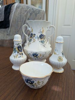 Royal Tara Irish Fine Bone China Vase, Salt and Pepper Shakers, and Bowl Set Vintage
