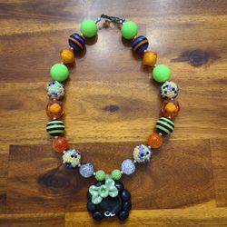 Cute Lime Green Spider Bow Chunky Bubblegum Necklace Halloween Costume Jewelry