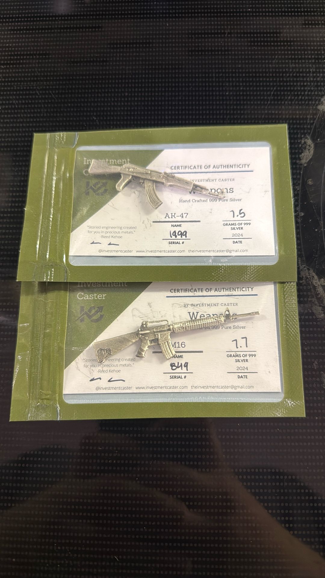 (Lot Of 2) Investment Caster Model “Weapons”. 15.2 Grams .999 Silver