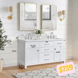 60-Inch White Double Sink Bathroom Vanity with Spacious Storage – Modern & Elegant Design，18060DWH 1。231