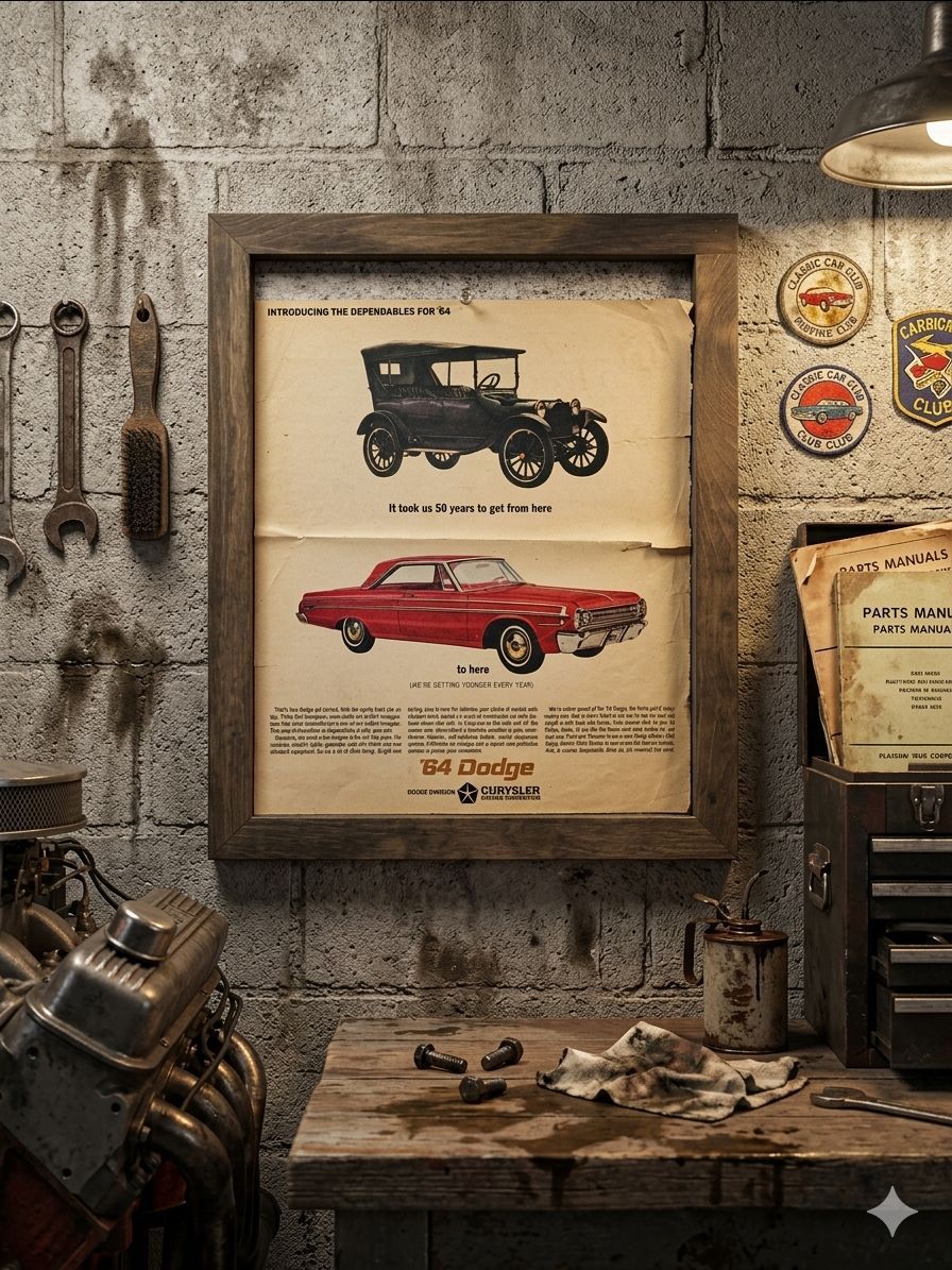 Vintage 1964 Dodge Magazine ad highlights evolution 1914 model 1964 vehicle