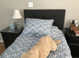 Beautiful New Twin Bed With Charcoal Tufted Wayfair Headboard, Bed Frame, Gel Memory Foam Mattress and Box Spring