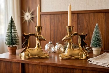 Vintage Brass Reindeer Candlestick Holders - Pair