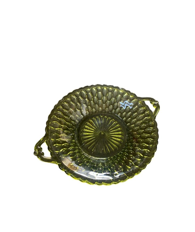 Vintage Indiana Glass Avocado Green Honeycomb Dish Bowl with Handles