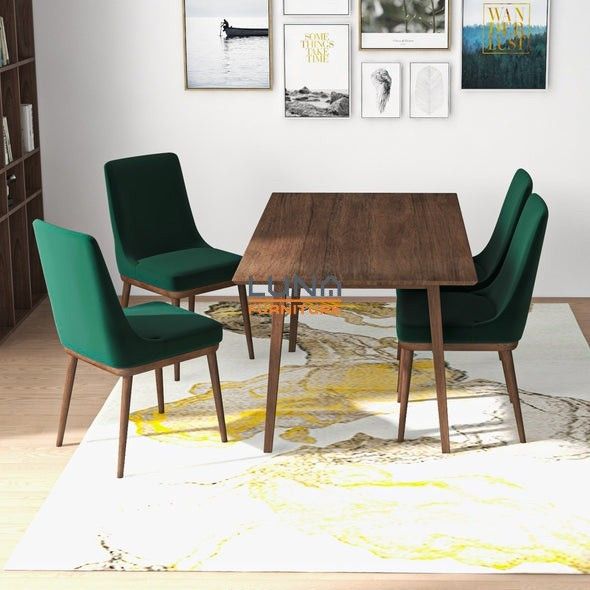 Adira Walnut Large Dining Set with 4 Brighton Green Velvet Chairs