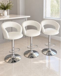 ✨ Set of 3 White Adjustable Swivel Bar Stools – Modern Chrome Base