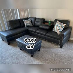 Black living room sectional sofa with storage ottoman // Christmas sale !